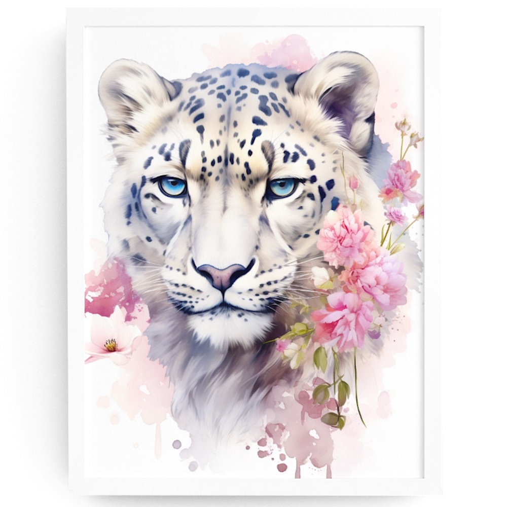 Watercolor Snow Leopard Portrait Wall Art Illustration Print Poster Unframed